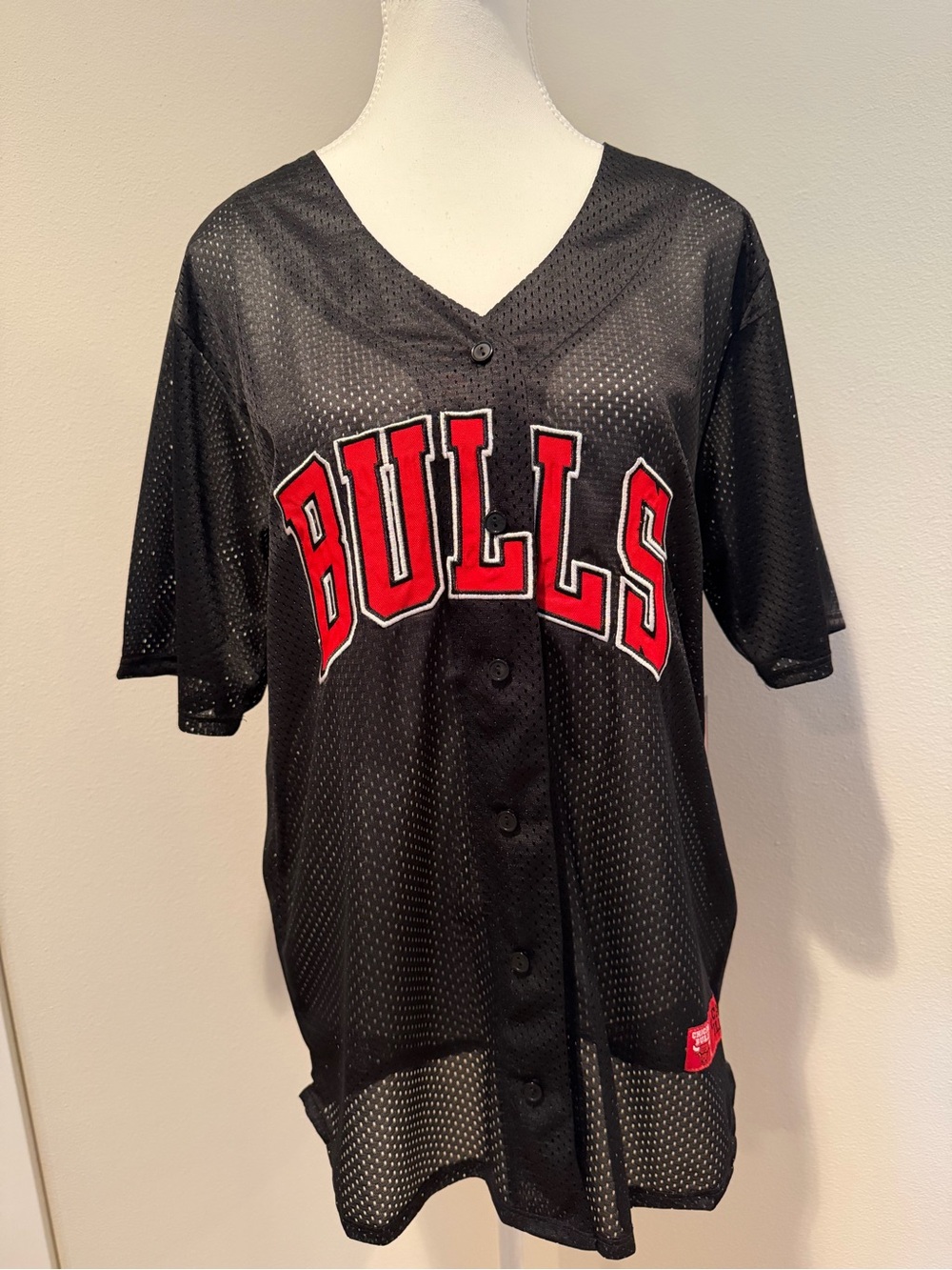 Forever 21 Black Mesh 'BULLS' Jersey with Red Lettering